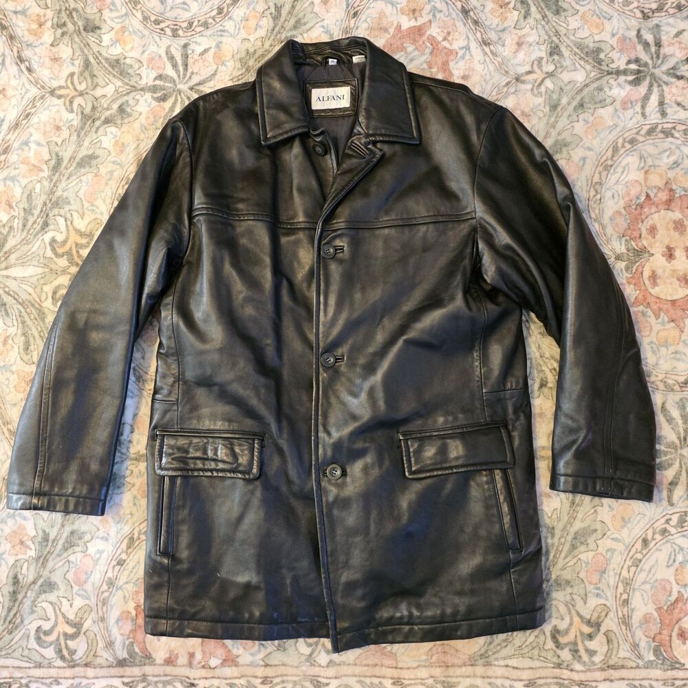 Alfani 100% Genuine Leather Jacket Super Soft Leather Black Button Up